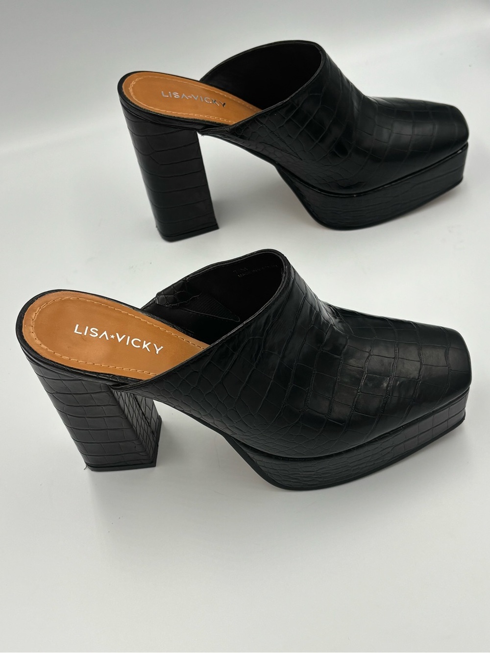 Lisa Vicky BADAB Black Croc Platform Mules Heels Size 7.5